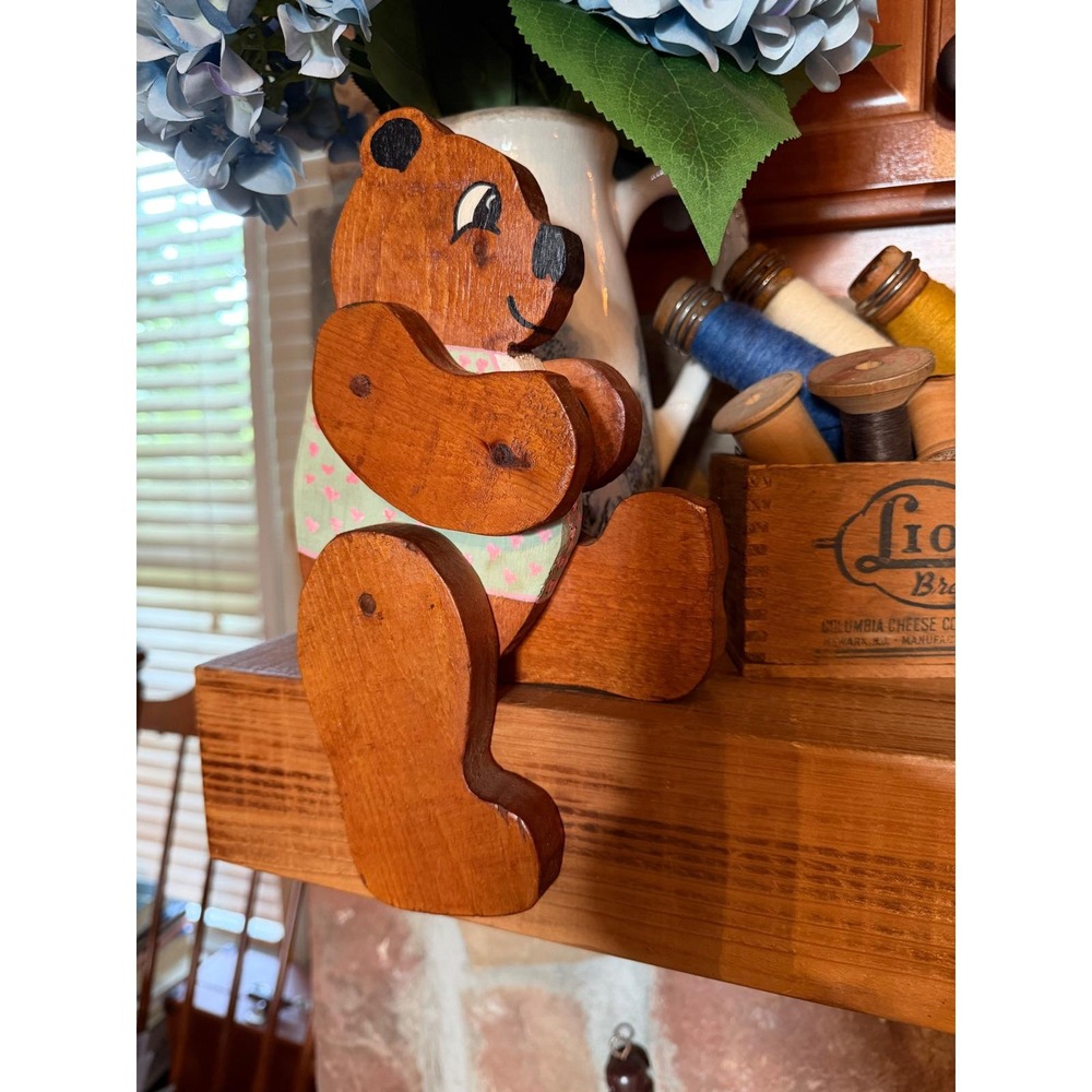 Vintage Wooden Teddy Bear Shelf Sitter Hand Painted Folk Art Jointed Figurine